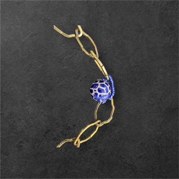 Handmade and Painted Ceramic, beaded and stone necklace with gold chain links - Picture 7 of 11